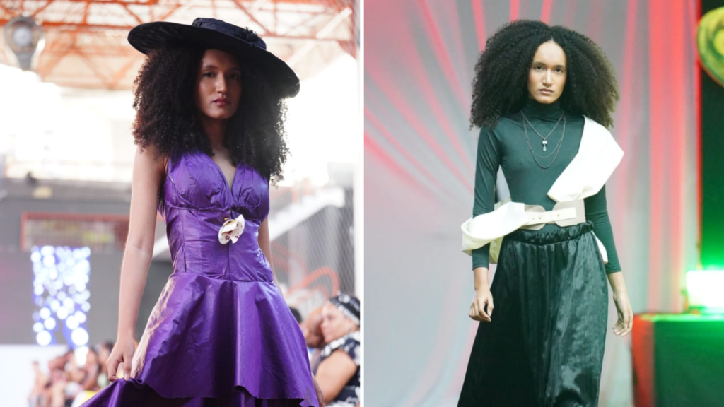 Duas imagens sobre o São Salvador Fashion Week. Na primeira imagem, a modelo Jamile Figueredo desfila para o Atelier Wagner Lacerda usando um vestido roxo com camadas na saia. Ela também utiliza um chapéu na mesma tonalidade do vestido. Na segunda imagem a modelo Jamile Figueredo também desfila para o Atelier Wagner Lacerda. Desta vez, ela utiliza um vestido preto longo, com uma faixa branca do ombro ao punho.